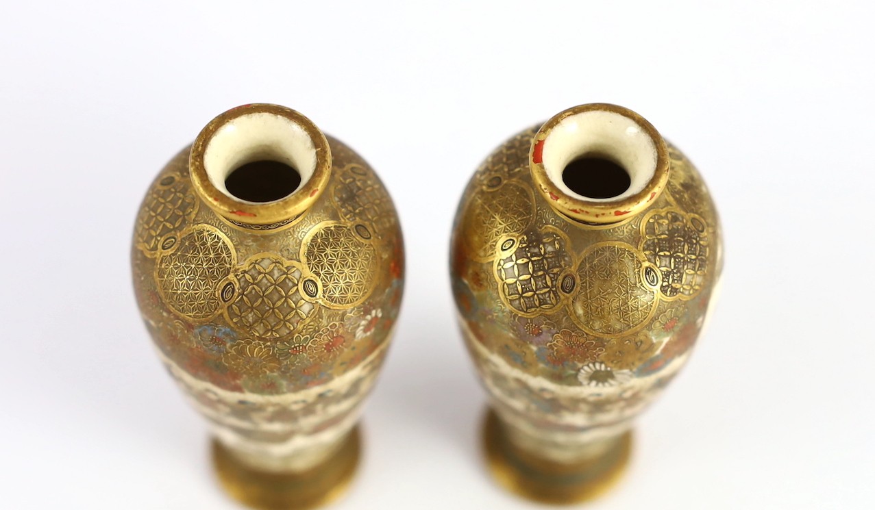 A pair of Japanese Satsuma pottery vases, signed Hankizan, Meiji period, 8.9cm high